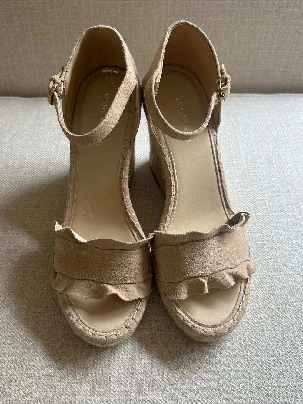Marc Fisher Beige Ruffle Espadrille Wedge Sandals
